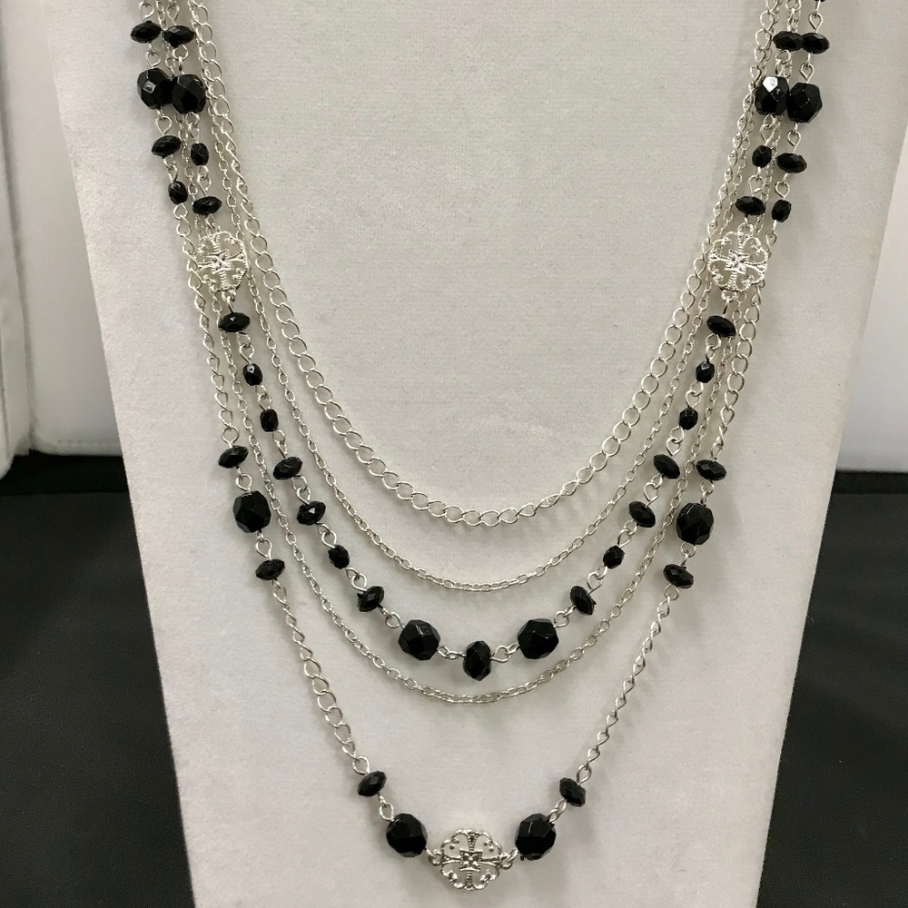 Multi-strand Black Beads on Silver Chains Necklace